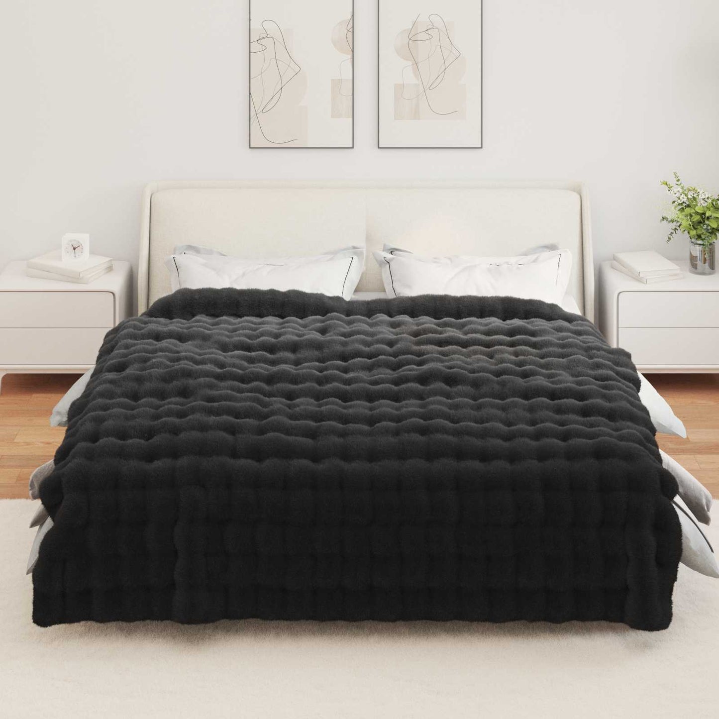 Anti-Slip Faux Rabbit Fur Blanket Olite Black 220 x 240 cm