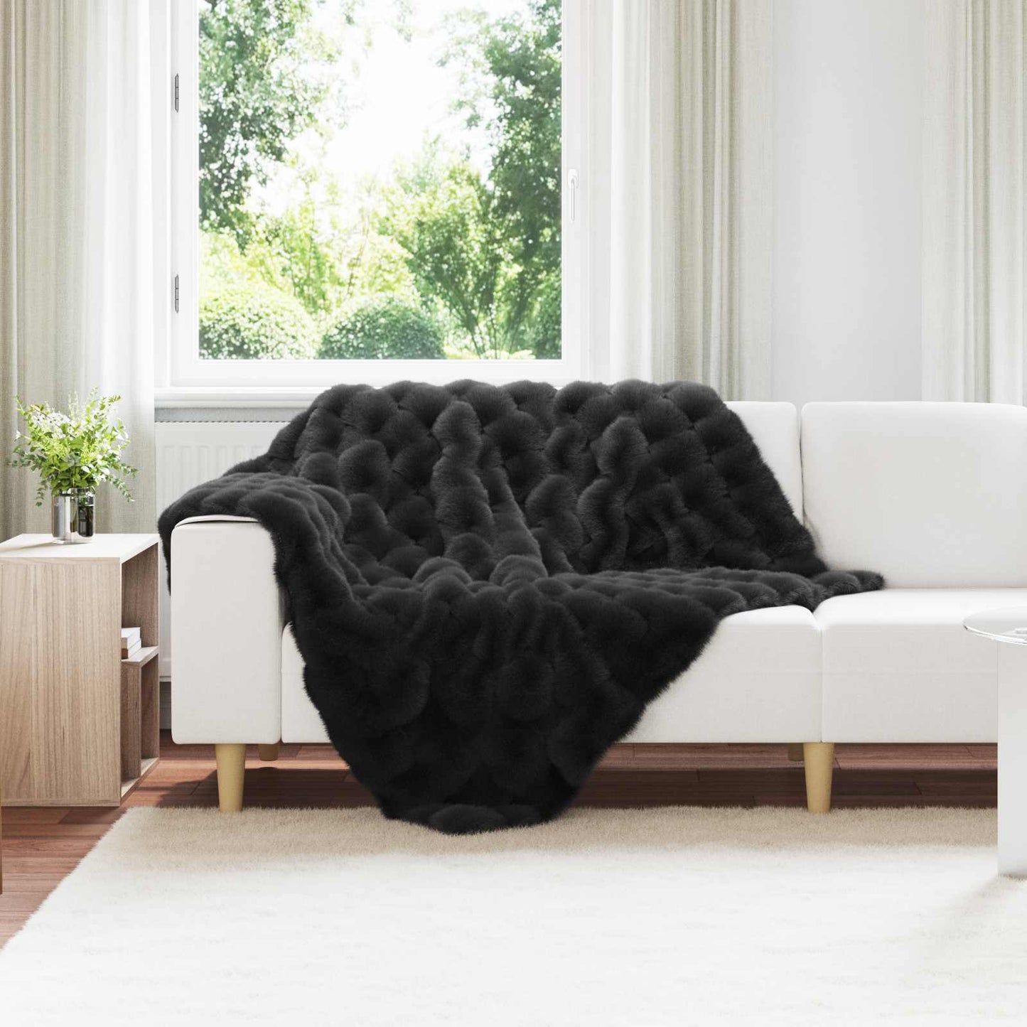 Anti-Slip Faux Rabbit Fur Blanket Olite 4 pcs Black Polyester