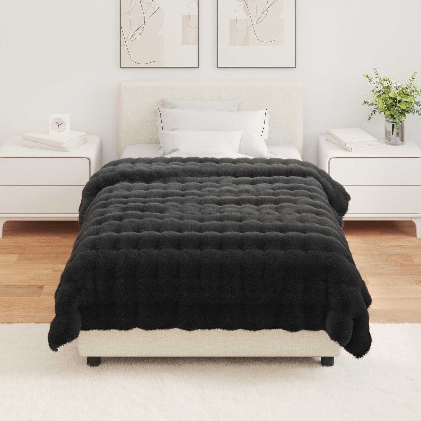 Anti-Slip Faux Rabbit Fur Blanket Olite 4 pcs Black Polyester