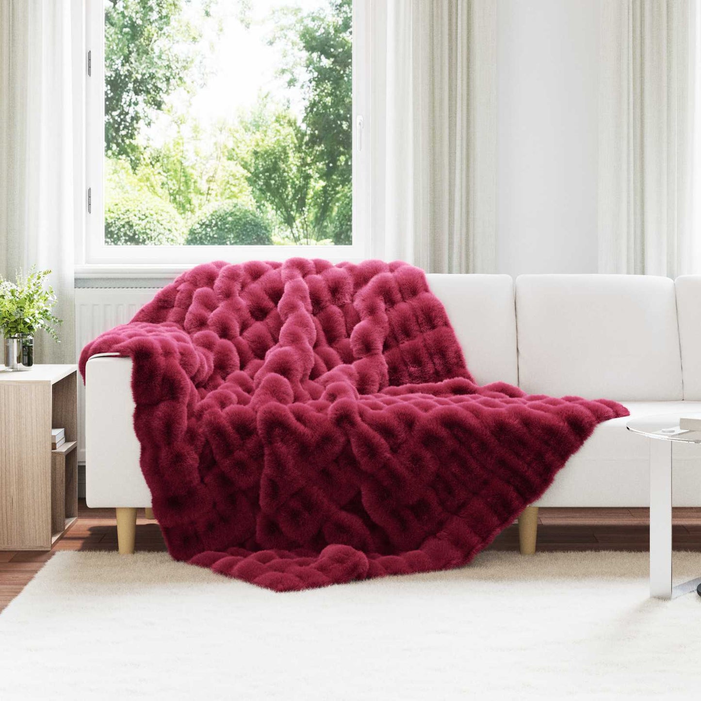 Anti-Slip Faux Rabbit Fur Blanket Olite Bordeaux Red Polyester