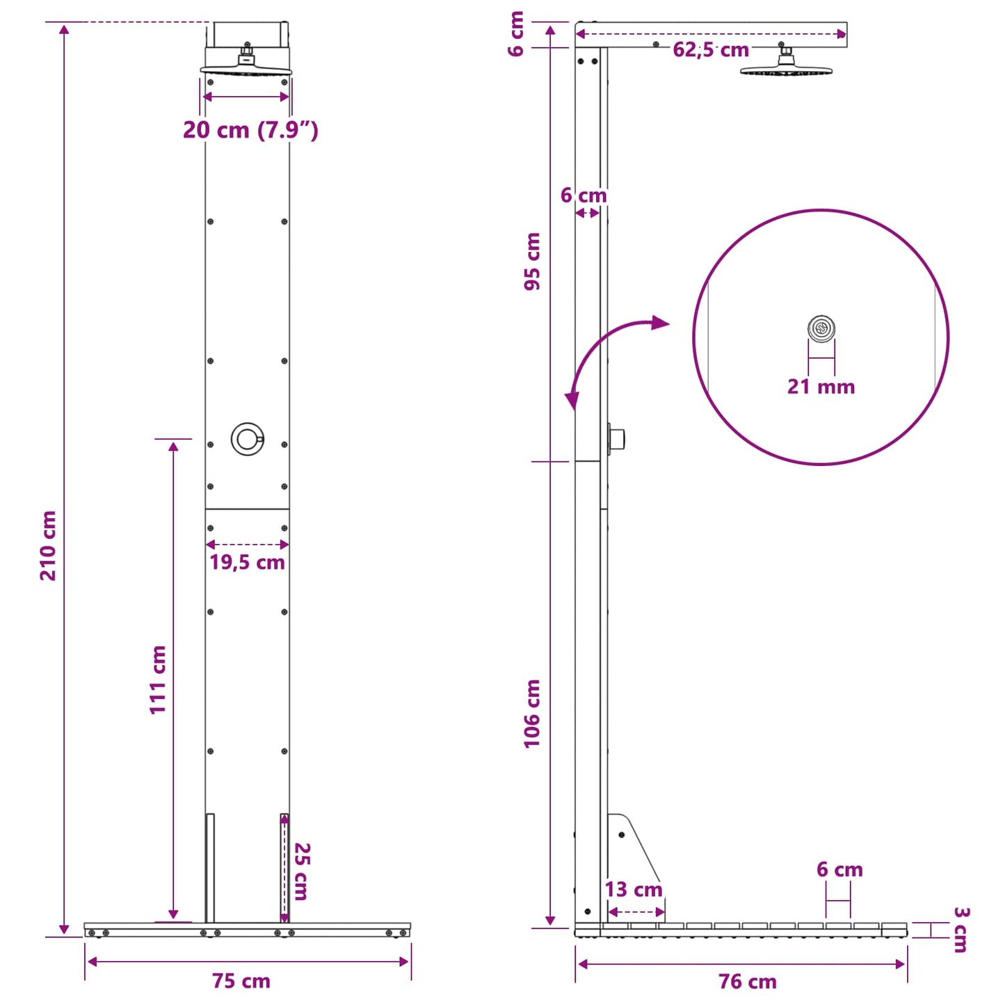 Outdoor Shower 210 cm Solid Pine Wood and Stainless Steel White