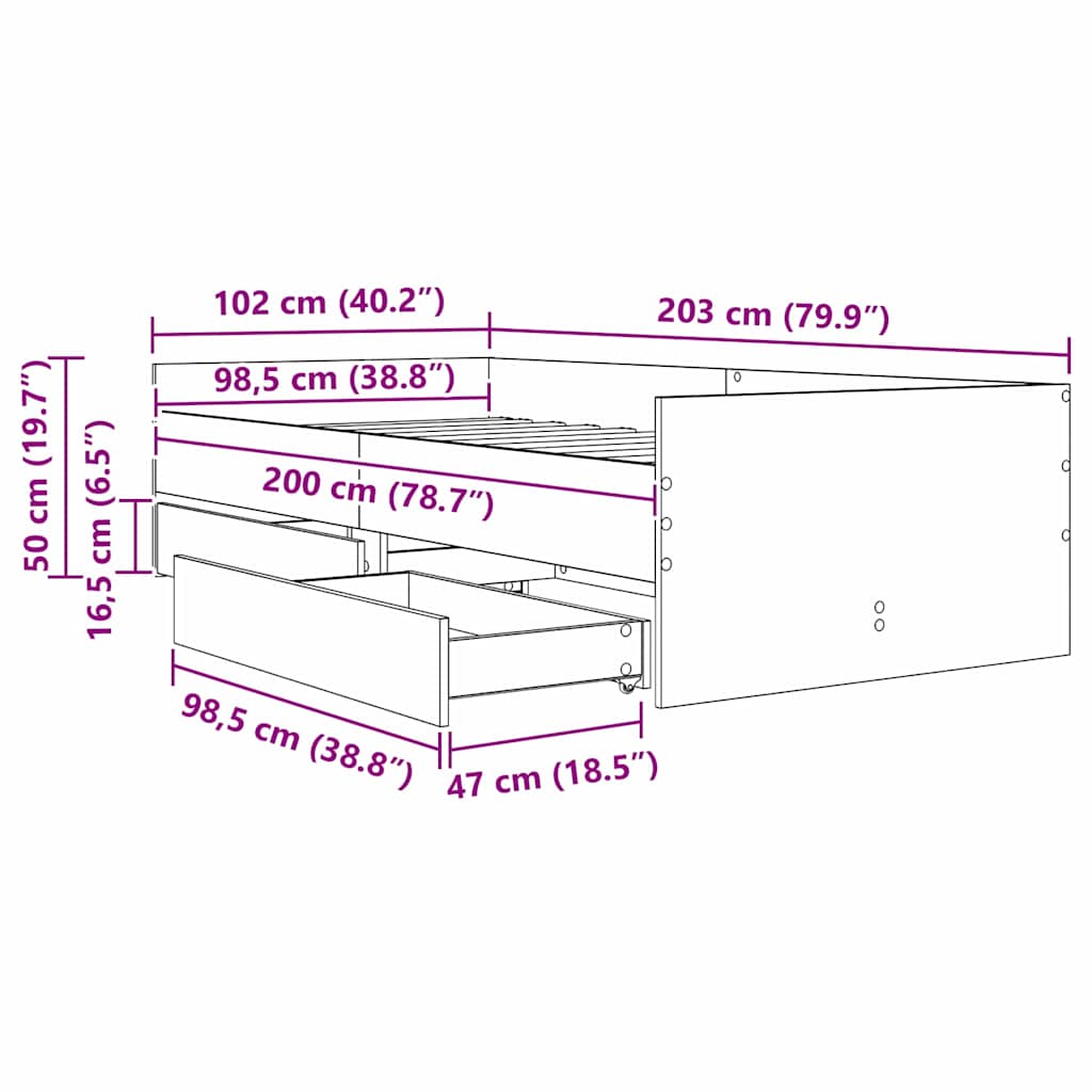 Bed Frame with Drawer Old Wood 100 x 200 cm Solid Pine Wood
