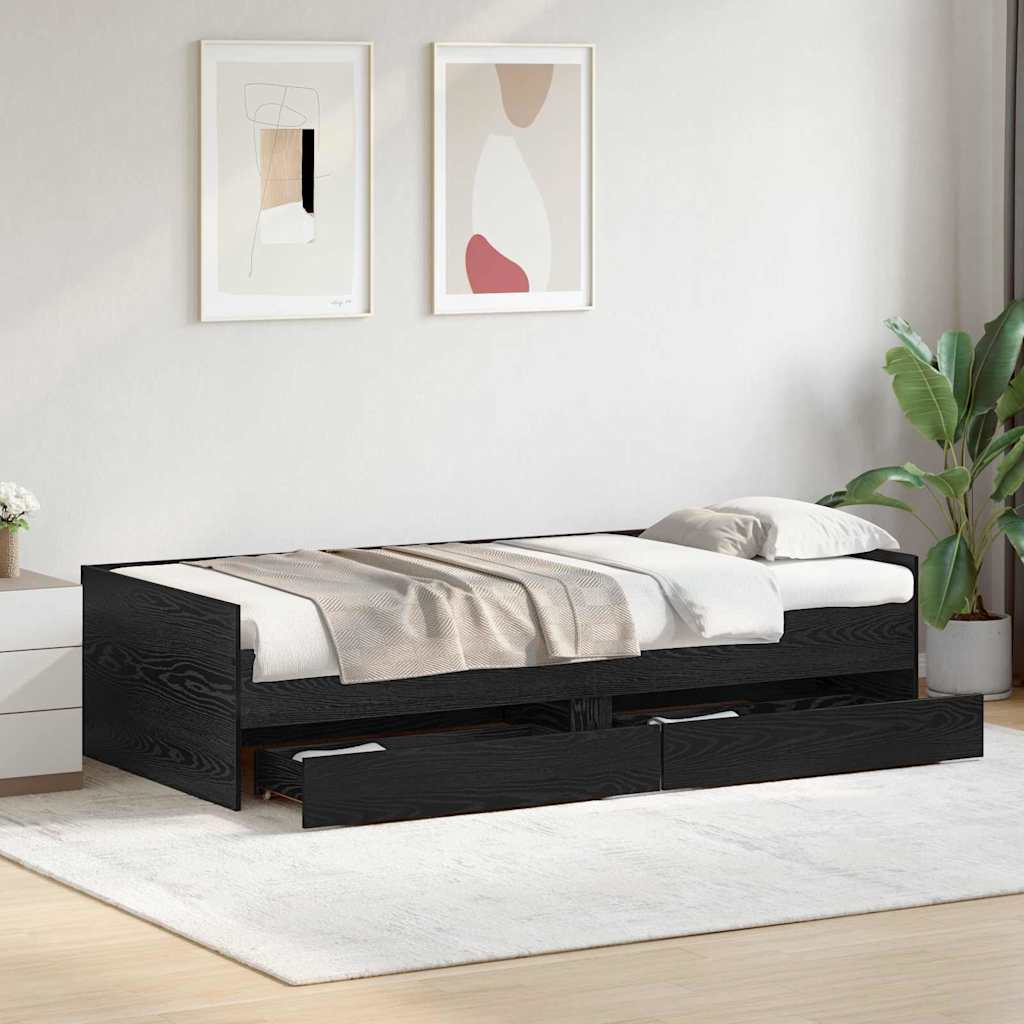 Bed Frame with Drawer Black Oak 100 x 200 cm Solid Pine Wood
