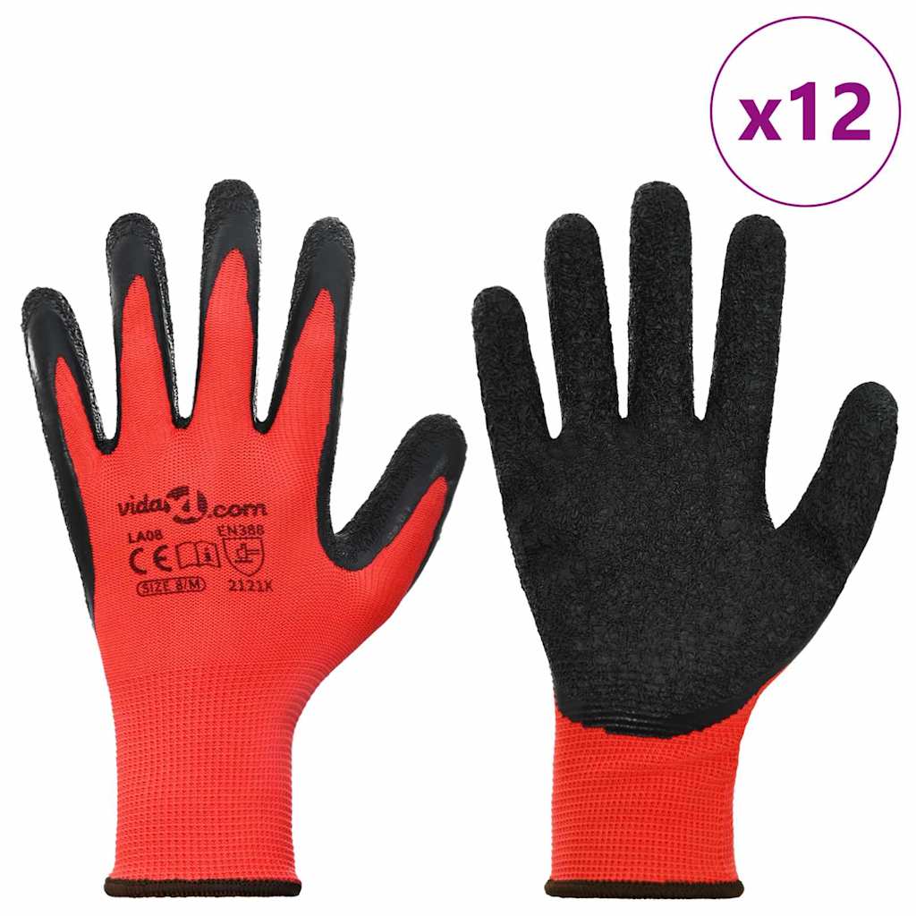 Work Gloves 12 pcs Red and Black 8 / M Latex Coating