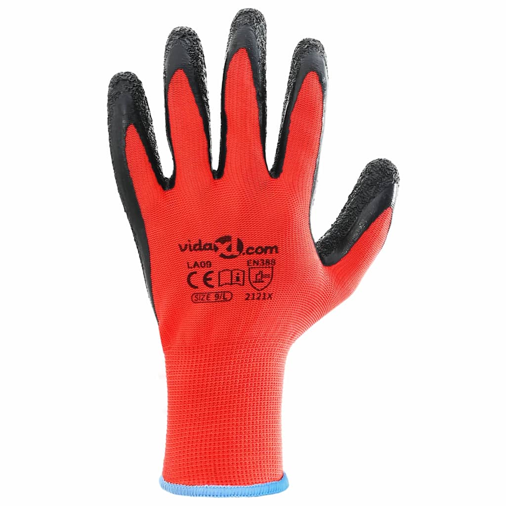 Work Gloves 12 pcs Red and Black 9 / L Latex Coating