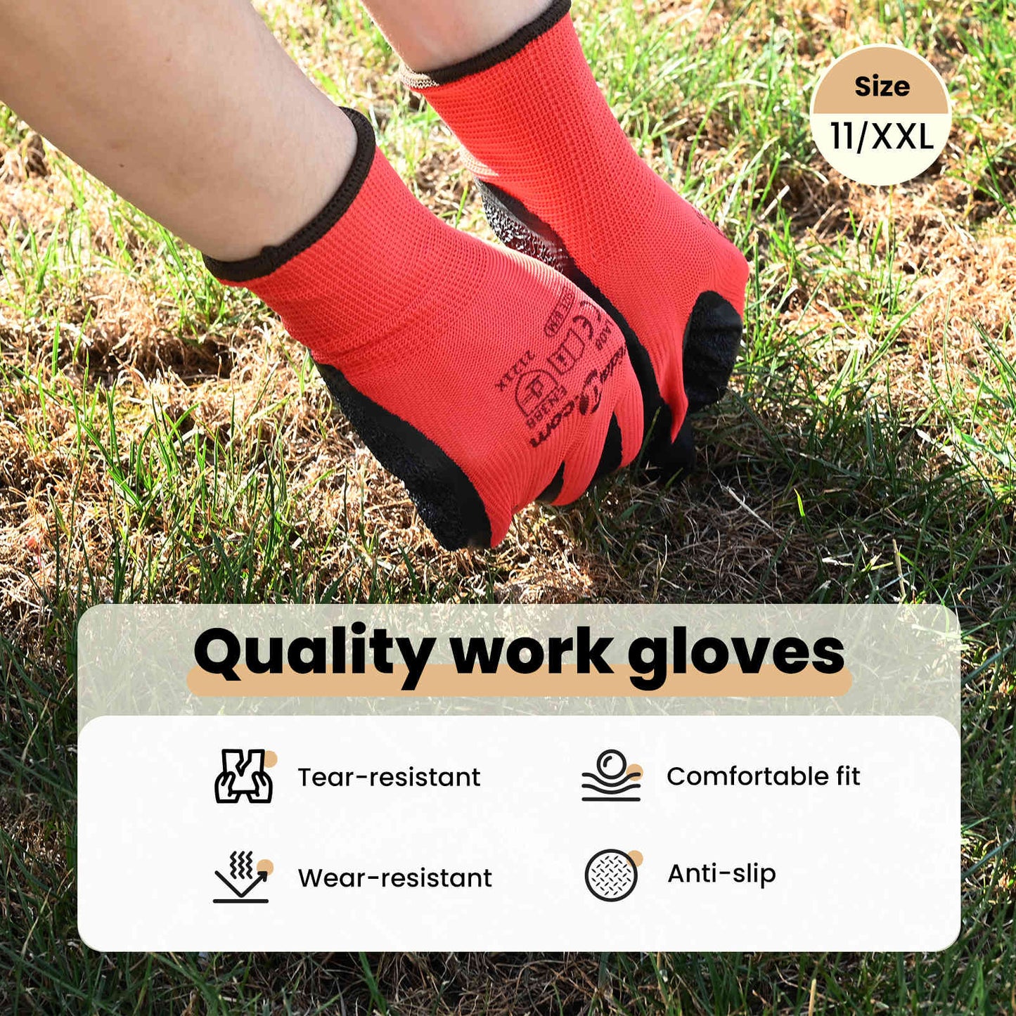 Work Gloves 12 pcs Red and Black 11 / XXL Latex Coating