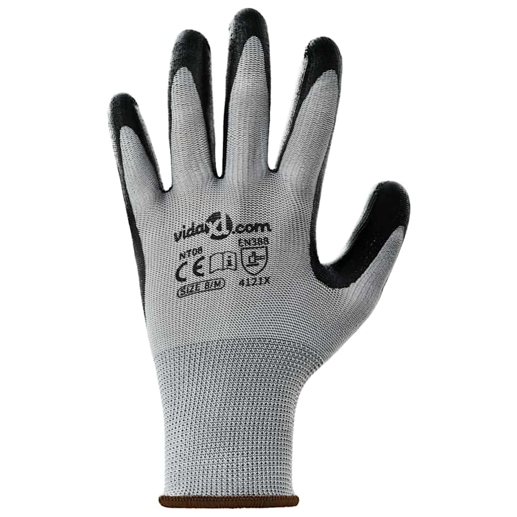 Work Gloves 12 pcs Grey and Black 8 / M Polyester