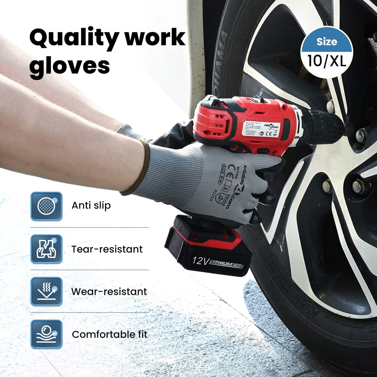 Work Gloves 24 pcs Grey and Black 10 / XL Polyester