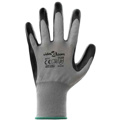 Work Gloves 12 pcs Grey and Black 11 / XXL Polyester
