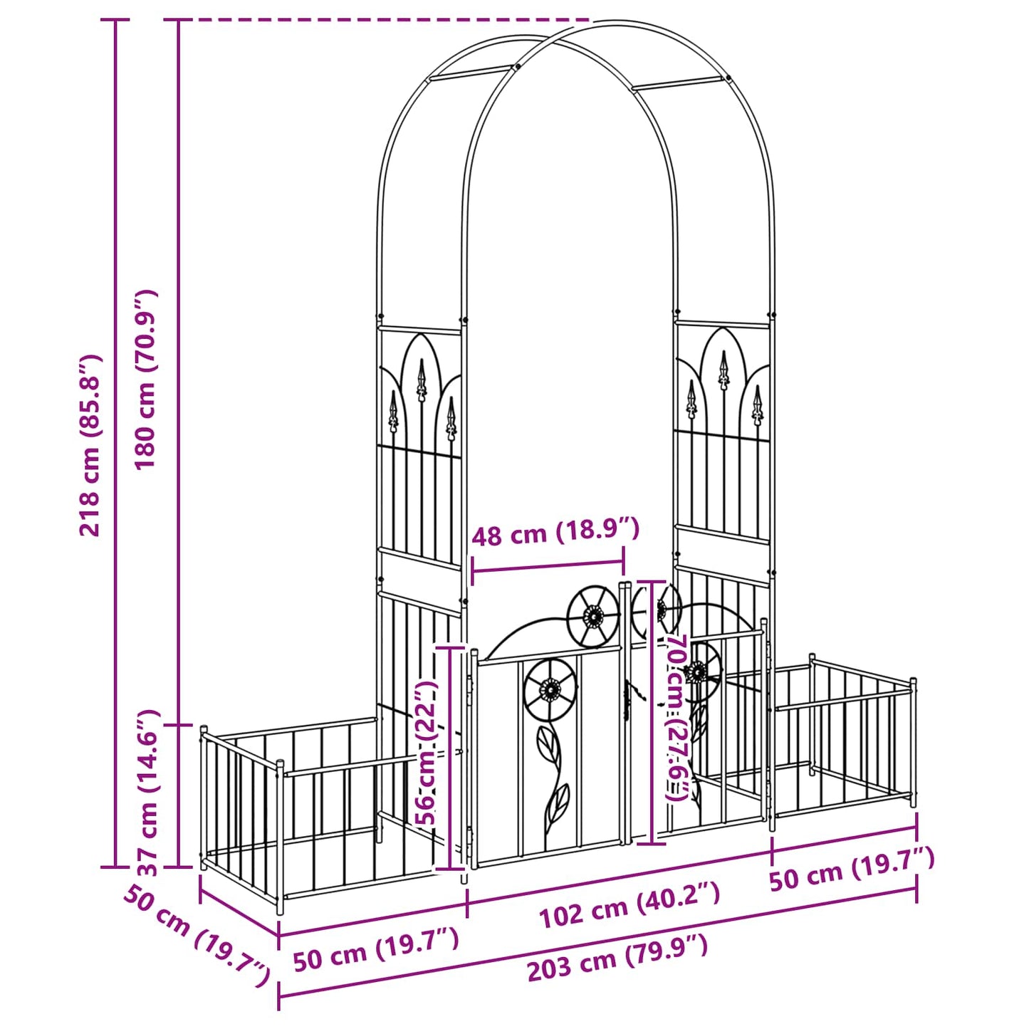 Garden Arch with Lock Black 203 x 50 x 218 cm