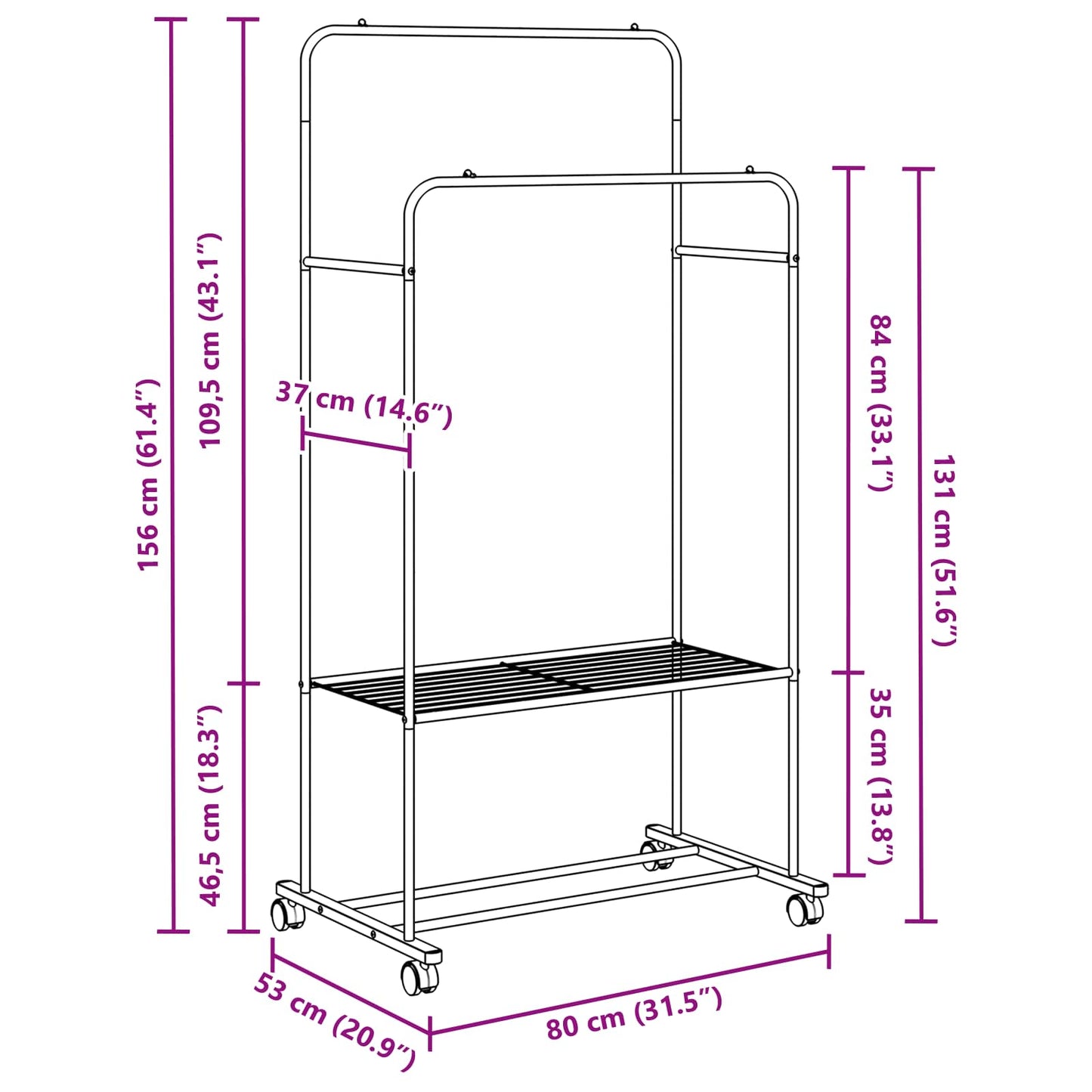Clothes Rack with Shelf with Wheel White 80 x 53 x 156 cm