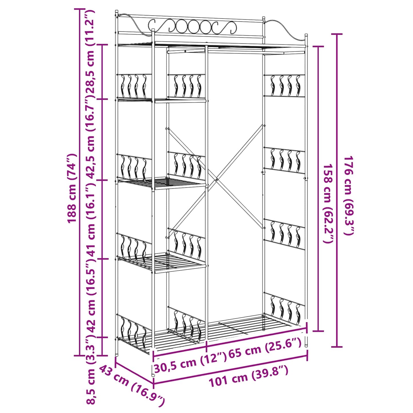 Open Wardrobe with Shelf Black 101 x 43 x 188 cm Steel