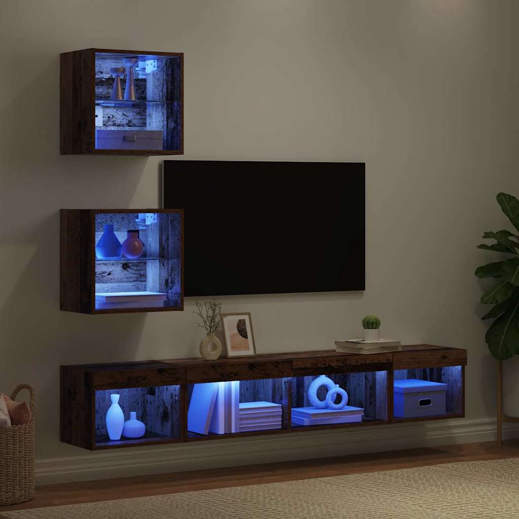 TV Wall Units with LED with LED 5 pcs Old wood Engineered Wood
