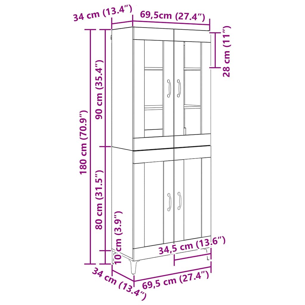 Highboard Black Oak 69.5 x 34 x 180 cm Engineered Wood