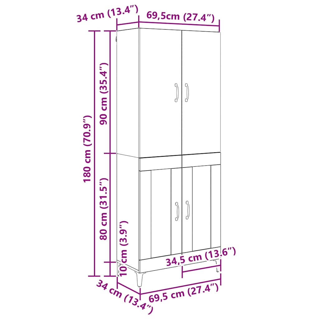 Highboard Black Oak 69.5 x 34 x 180 cm Engineered Wood