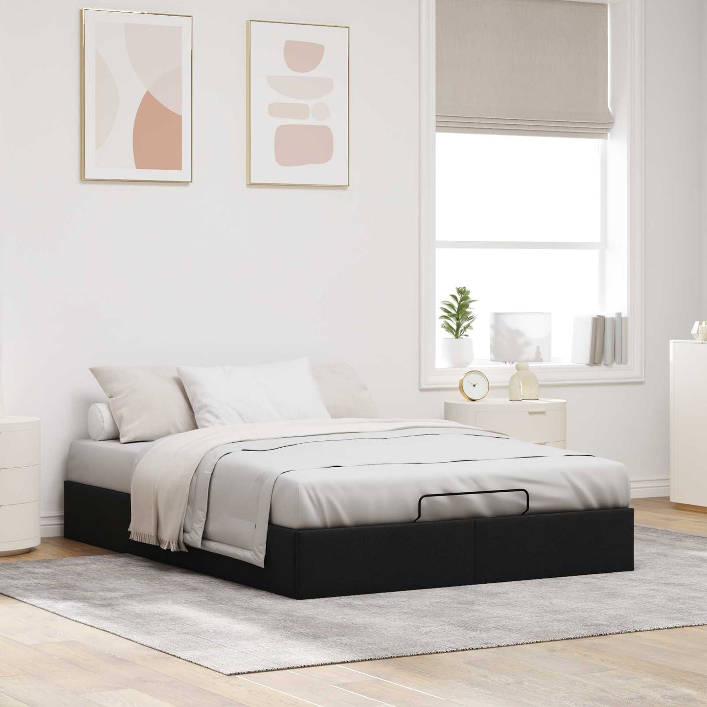 Ottoman Bed Frame Black Queen Size Fabric