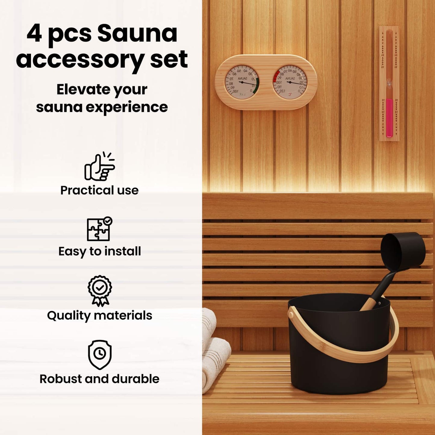 Sauna Accessory Set 4 pcs Black Aluminium and Solid Pine Wood
