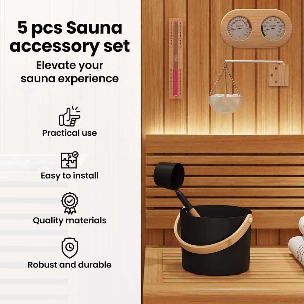 Sauna Accessory Set 5 pcs Black Aluminium and Solid Pine Wood