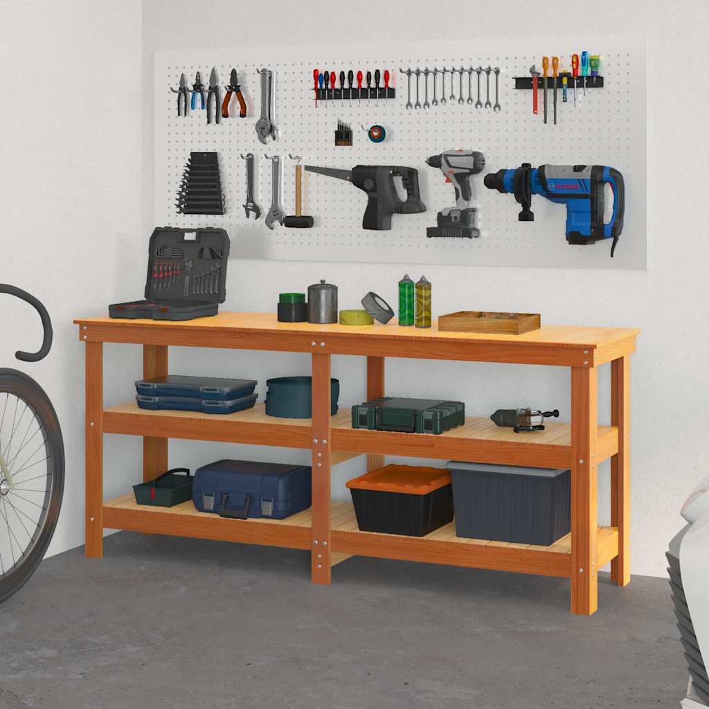 Work Bench with Shelf with Storage Wax Brown Solid Pine Wood