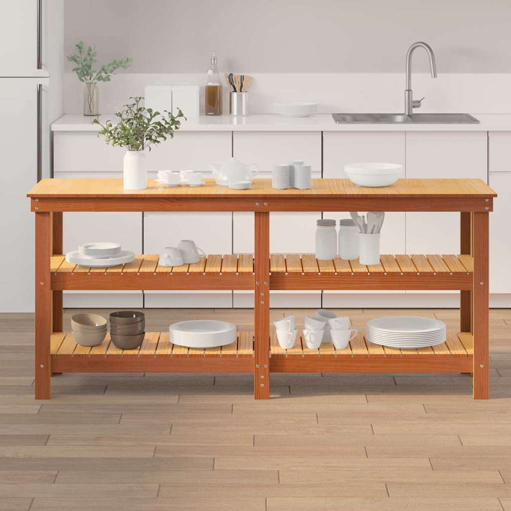 Work Bench with Shelf with Storage Wax Brown Solid Pine Wood