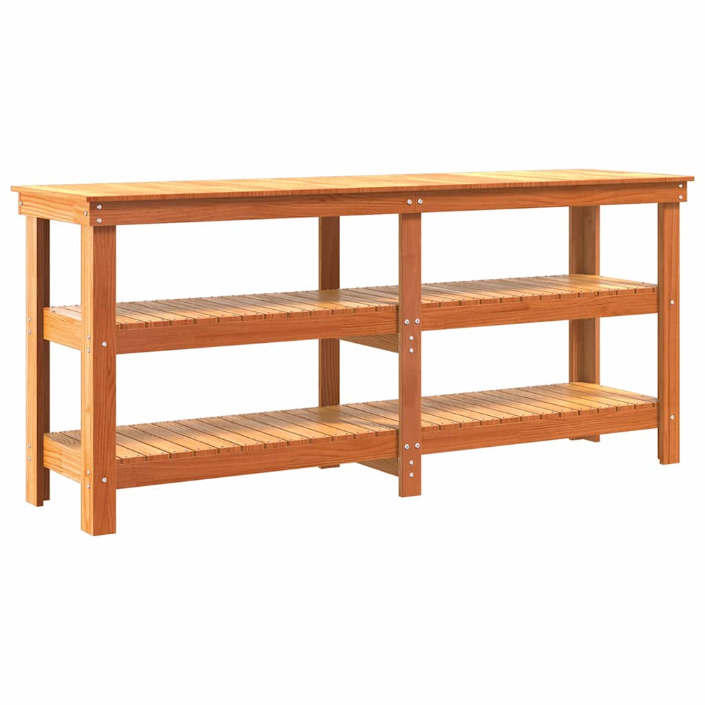 Work Bench with Shelf with Storage Wax Brown Solid Pine Wood