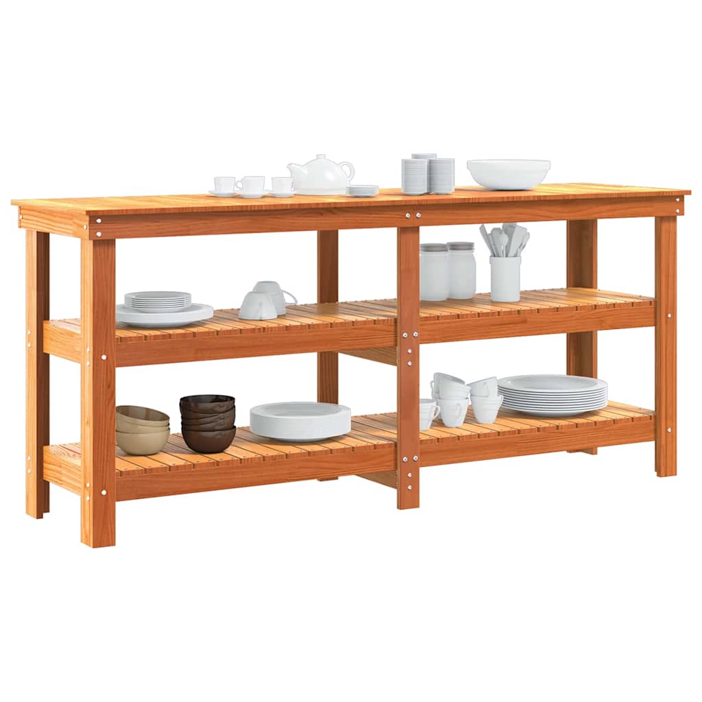 Work Bench with Shelf with Storage Wax Brown Solid Pine Wood