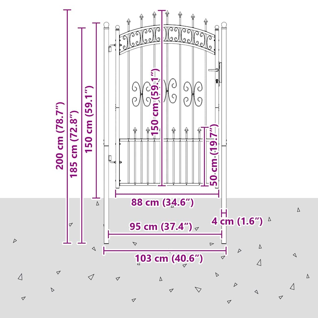 Fence Gate with Spear Top with Lock Grey 103 x 200 cm Steel