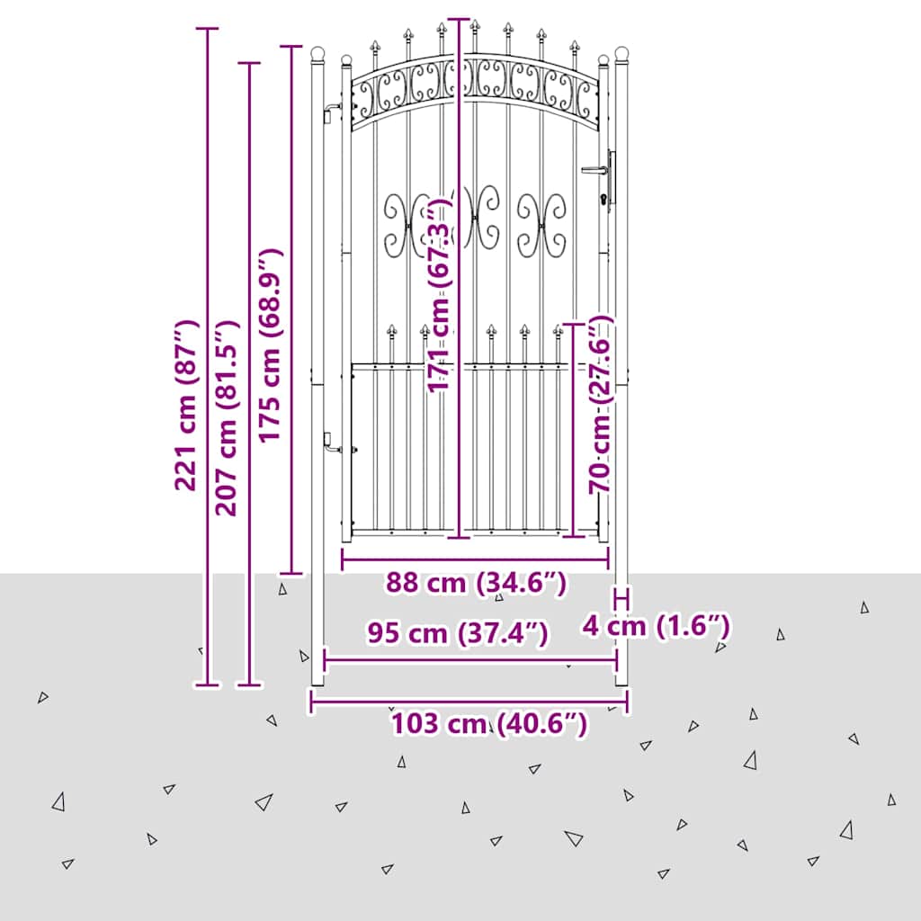 Fence Gate with Spear Top with Lock Grey 103 x 175 cm Steel