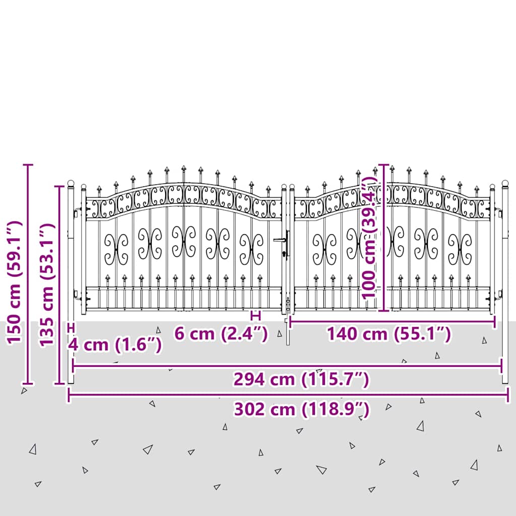 Fence Gate with Spear Top with Lock Grey 305 x 100 cm Steel