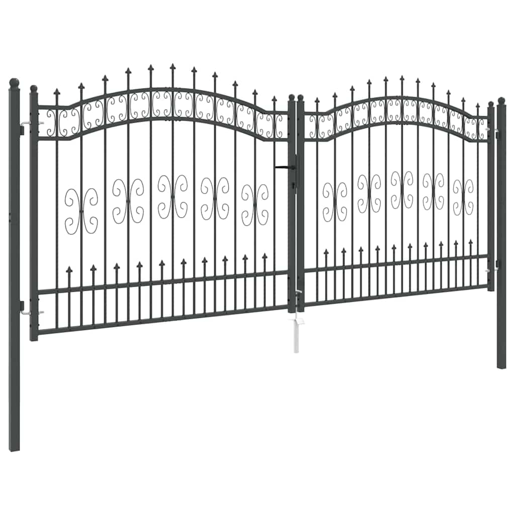 Fence Gate with Spear Top with Lock Grey 305 x 125 cm Steel