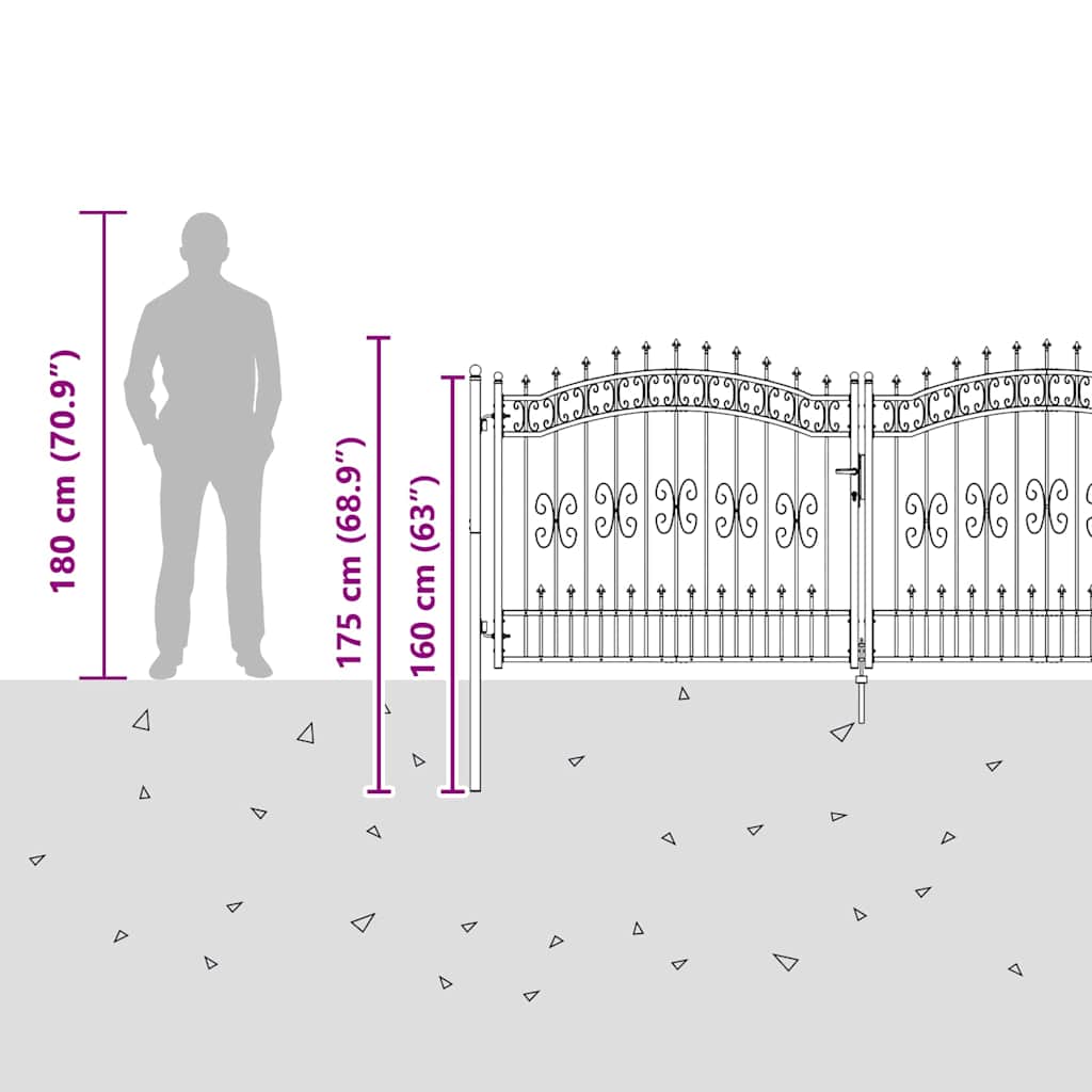 Fence Gate with Spear Top with Lock Grey 305 x 125 cm Steel