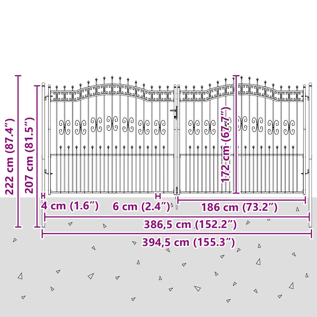 Fence Gate with Spear Top with Lock Grey 404 x 175 cm Steel