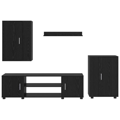 TV Cabinet Set Wall-mounted 4 pcs Black Oak Engineered wood