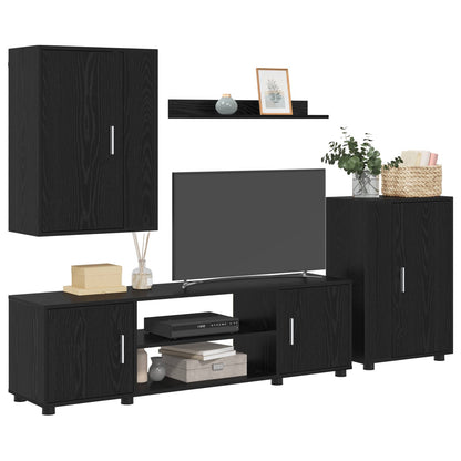 TV Cabinet Set Wall-mounted 4 pcs Black Oak Engineered wood