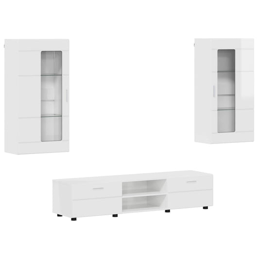 TV Cabinet Set FLORIN 3 pcs High Gloss White Engineered Wood