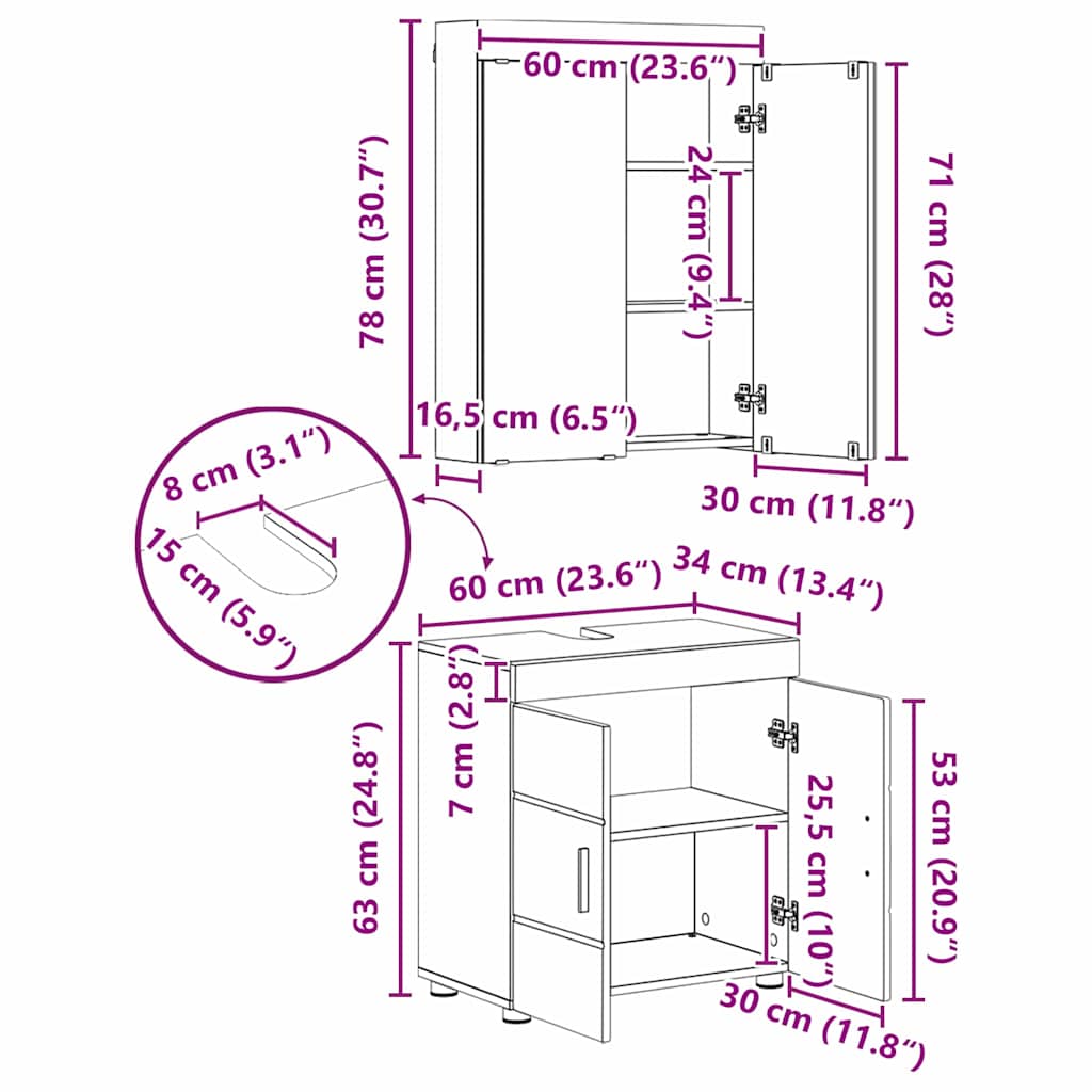 Bathroom Furniture Set TULUM 3 pcs High Gloss White