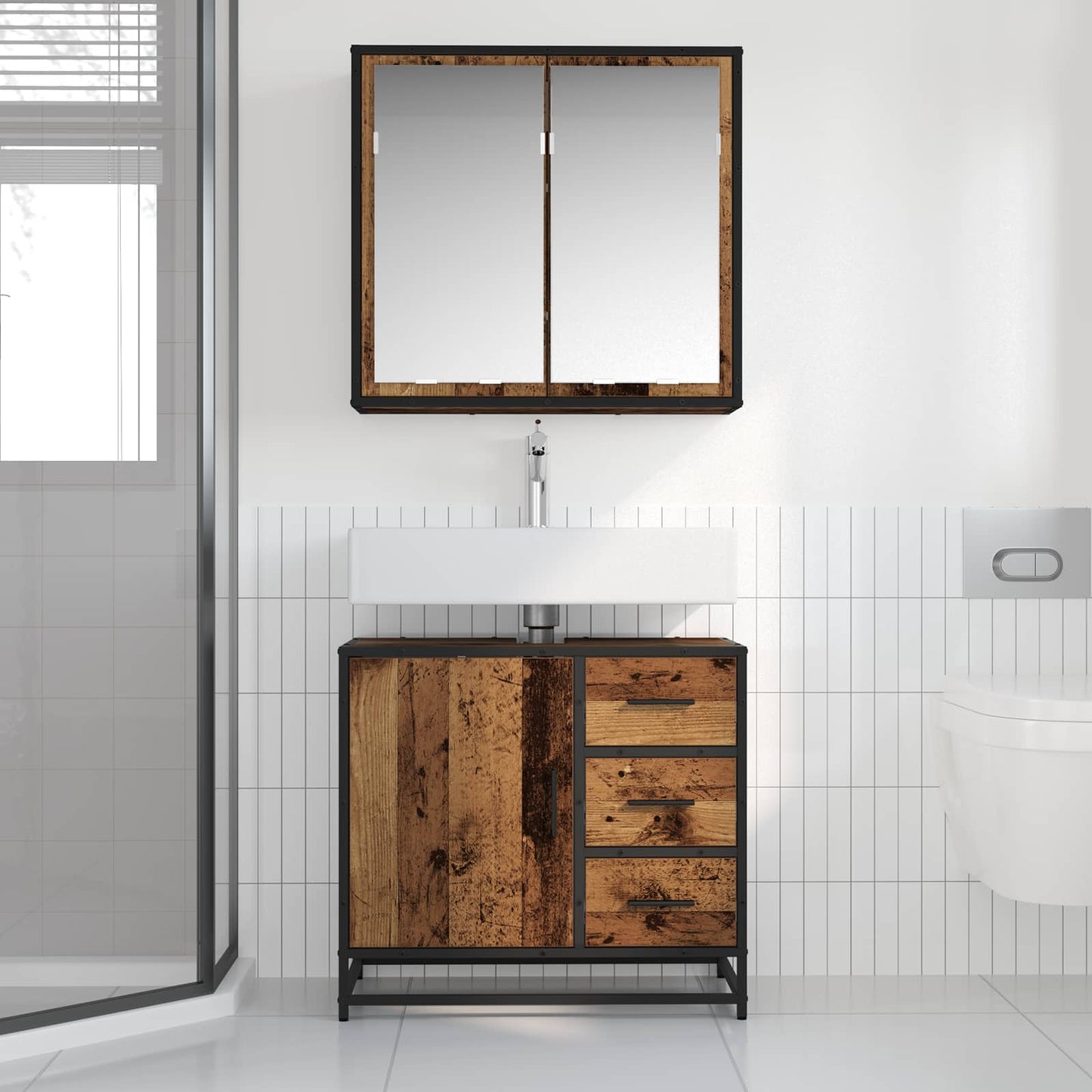 Bathroom Furniture Set with Door 2 pcs Old Wood Engineered Wood