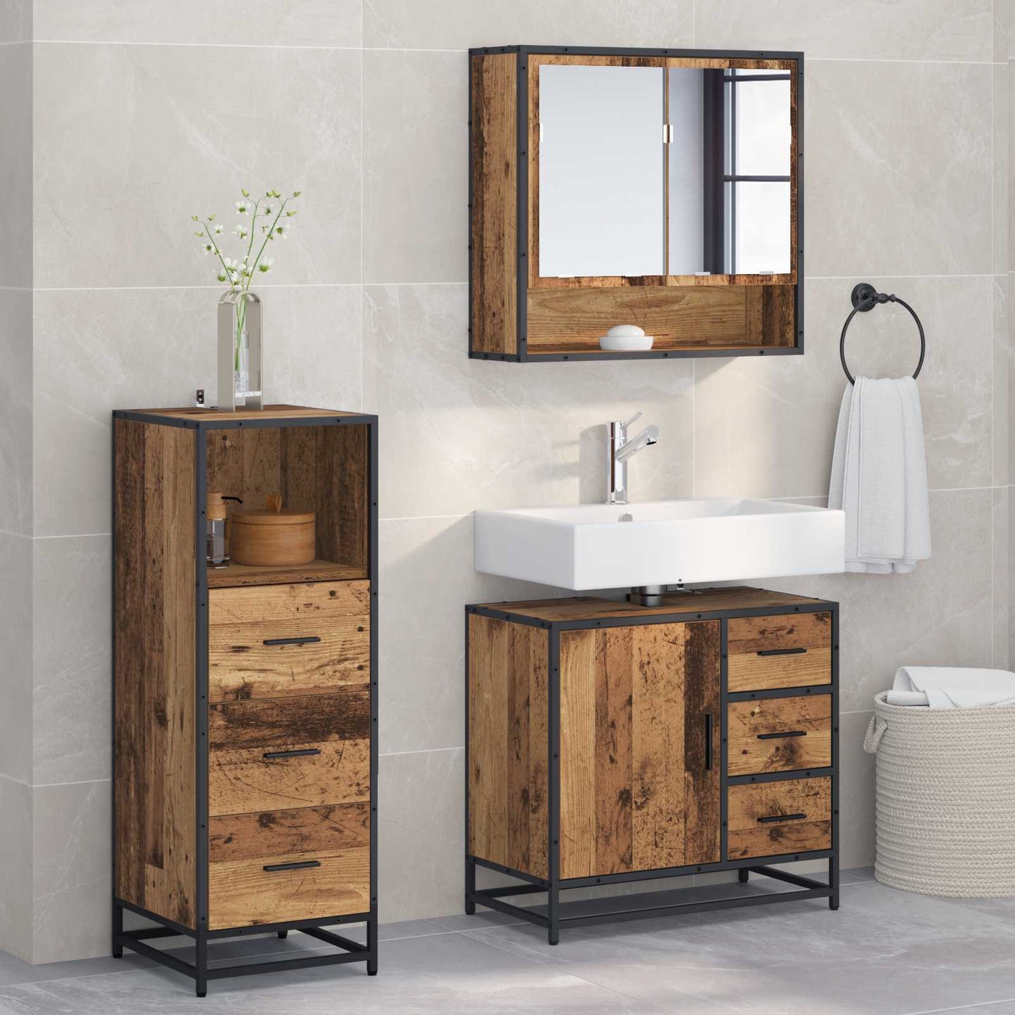 Bathroom Furniture Set with Door 3 pcs Old Wood Engineered Wood