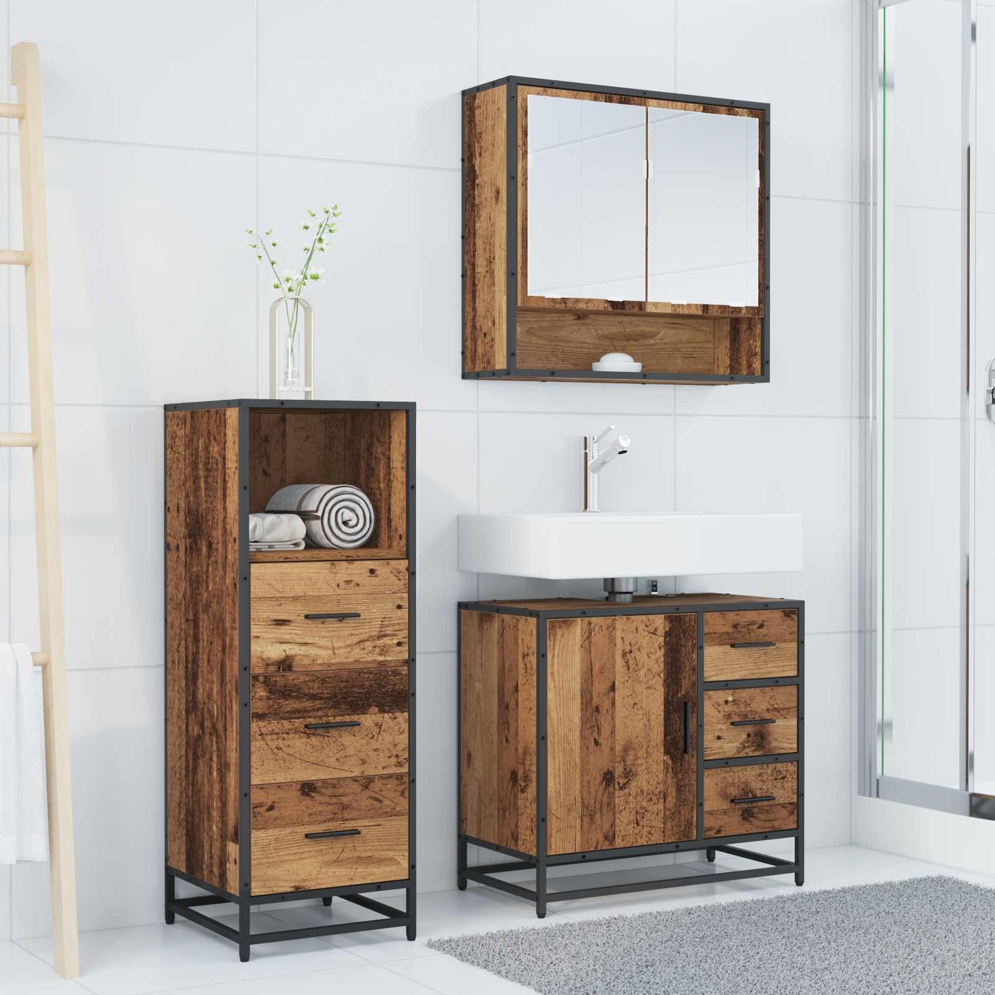 Bathroom Furniture Set with Door 3 pcs Old Wood Engineered Wood