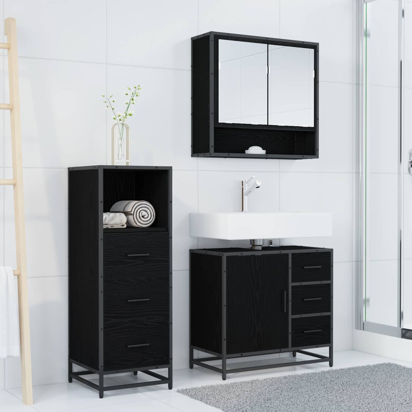 Bathroom Furniture Set 3 pcs Black Oak Engineered Wood