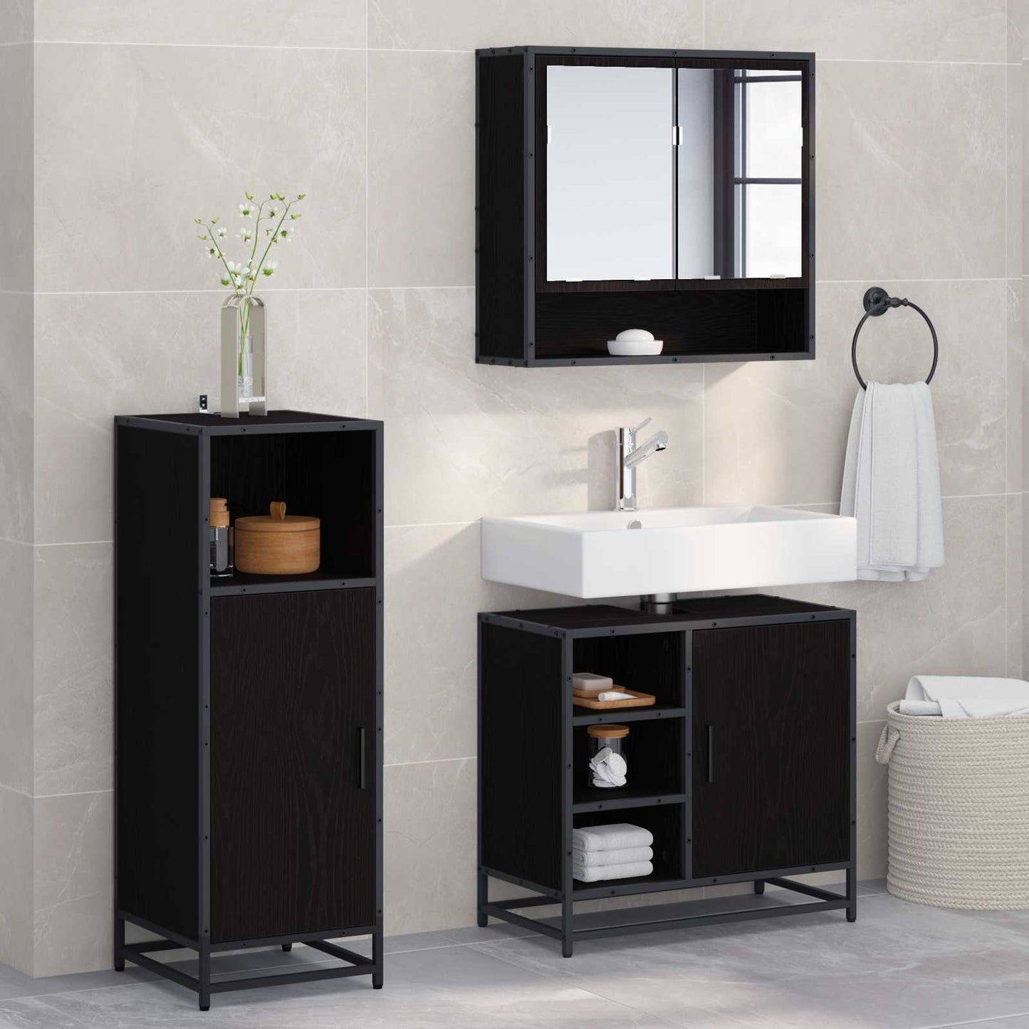 Bathroom Furniture Set 3 pcs Black Oak Engineered Wood