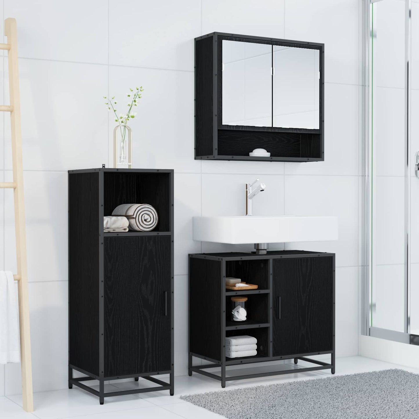 Bathroom Furniture Set 3 pcs Black Oak Engineered Wood