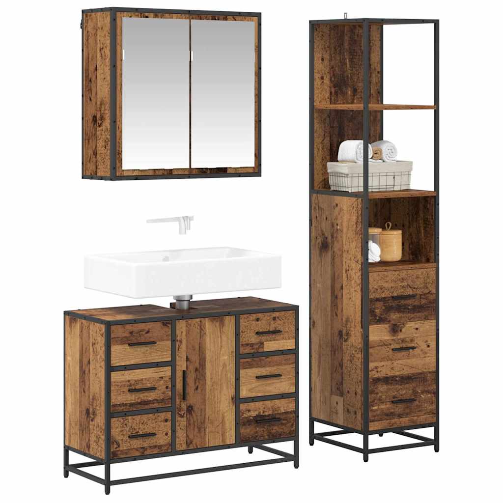 Bathroom Furniture Set with Door 3 pcs Old Wood Engineered Wood