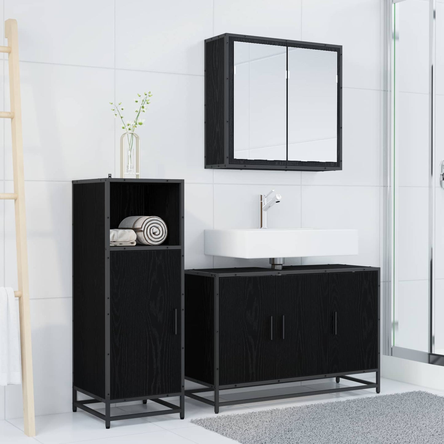 Bathroom Furniture Set 3 pcs Black Oak Engineered Wood