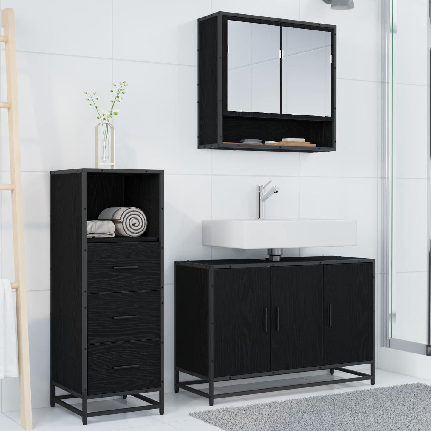 Bathroom Furniture Set 3 pcs Black Oak Engineered Wood