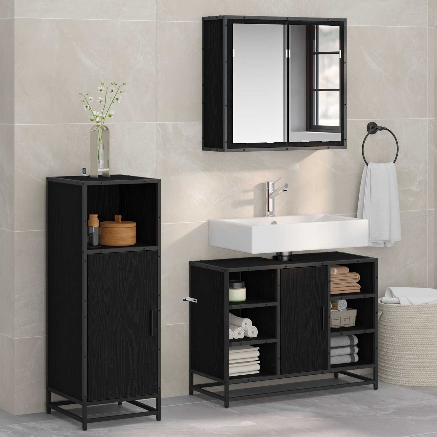 Bathroom Furniture Set 3 pcs Black Oak Engineered Wood