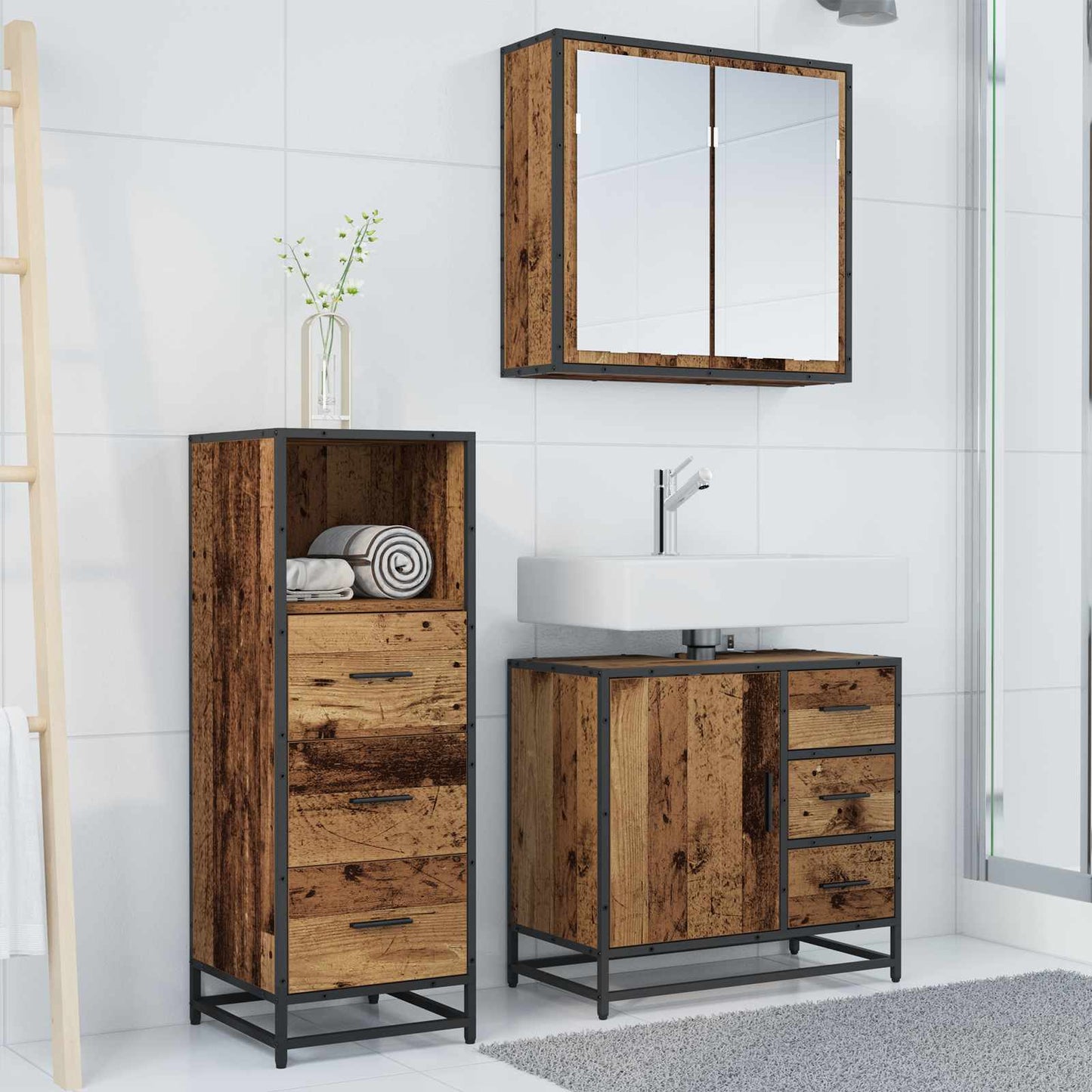 Bathroom Furniture Set with Door 3 pcs Old Wood Engineered Wood