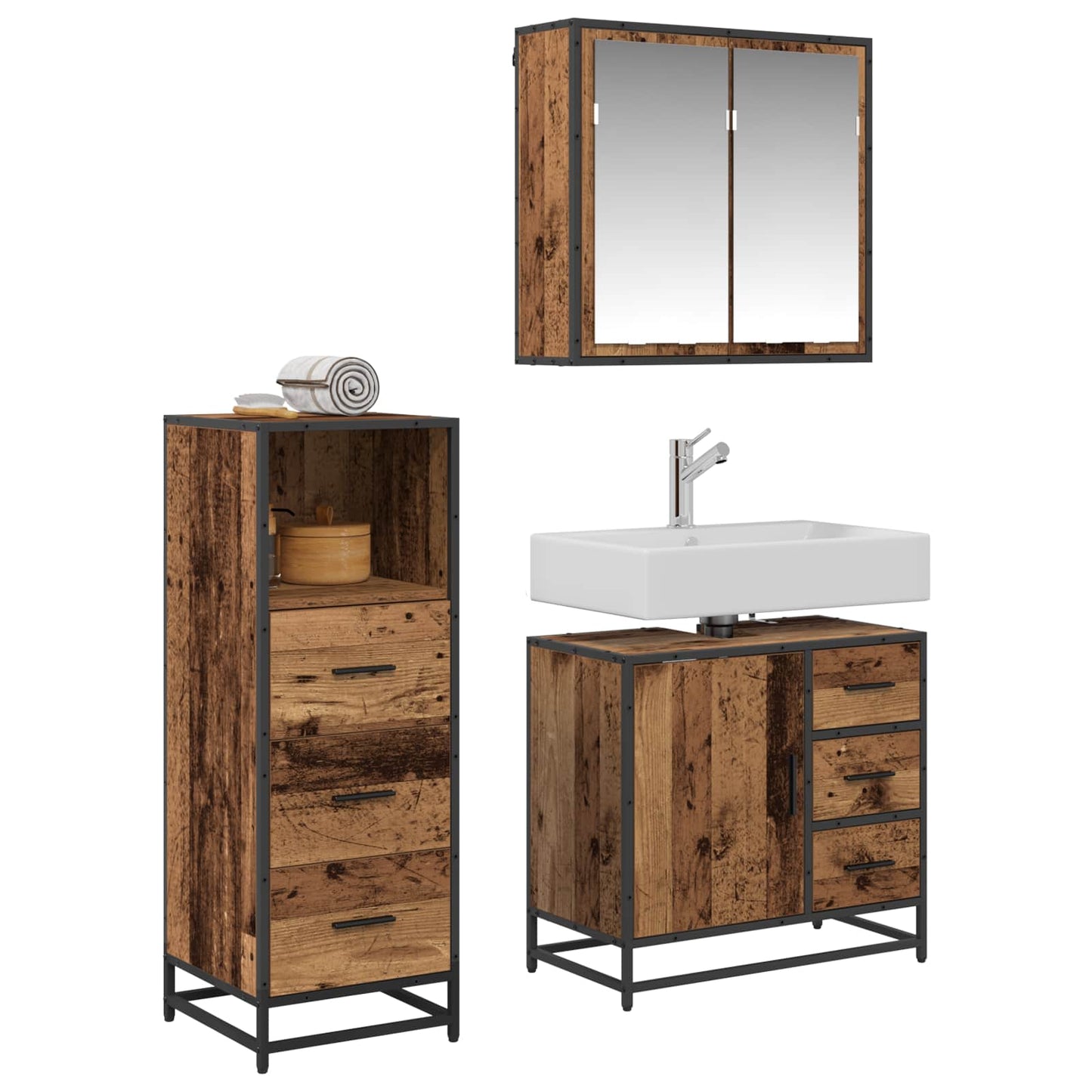 Bathroom Furniture Set with Door 3 pcs Old Wood Engineered Wood