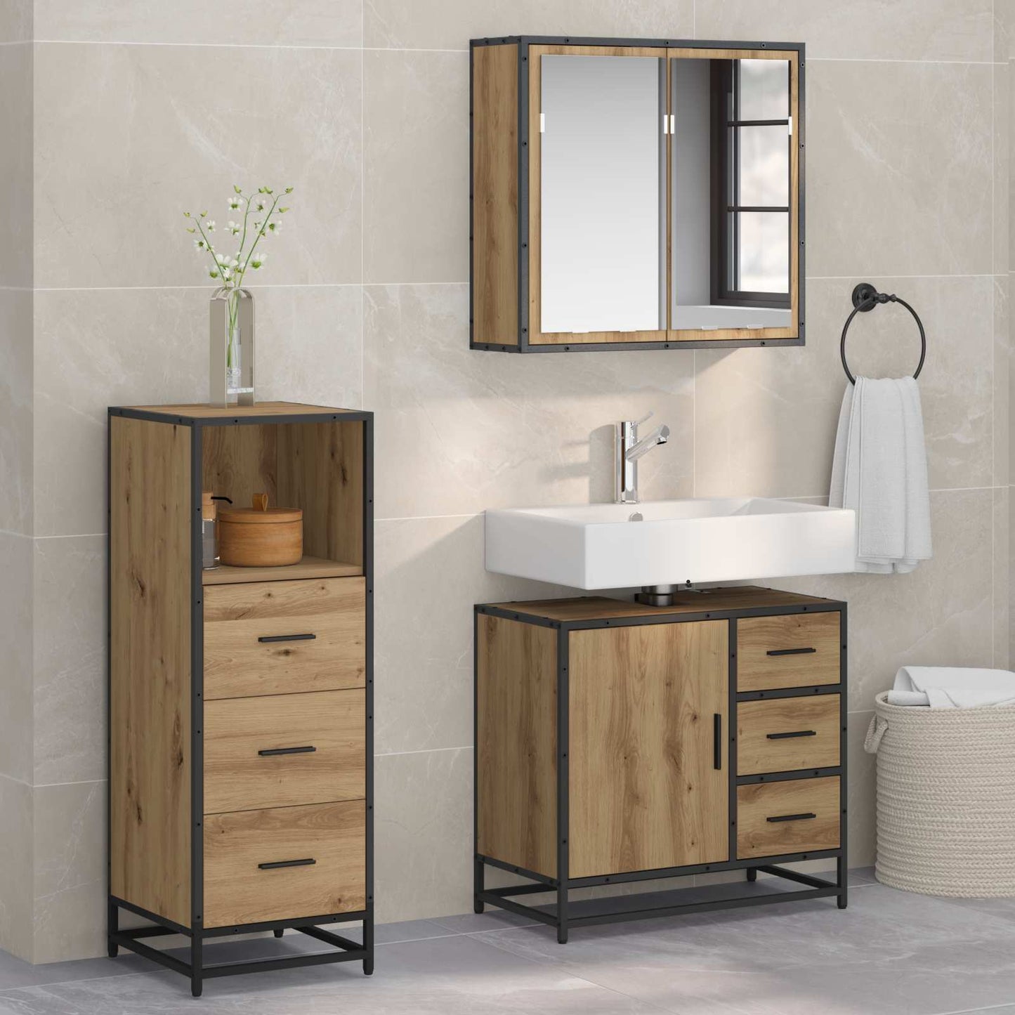Bathroom Furniture Set 3 pcs Artisan Oak Engineered Wood
