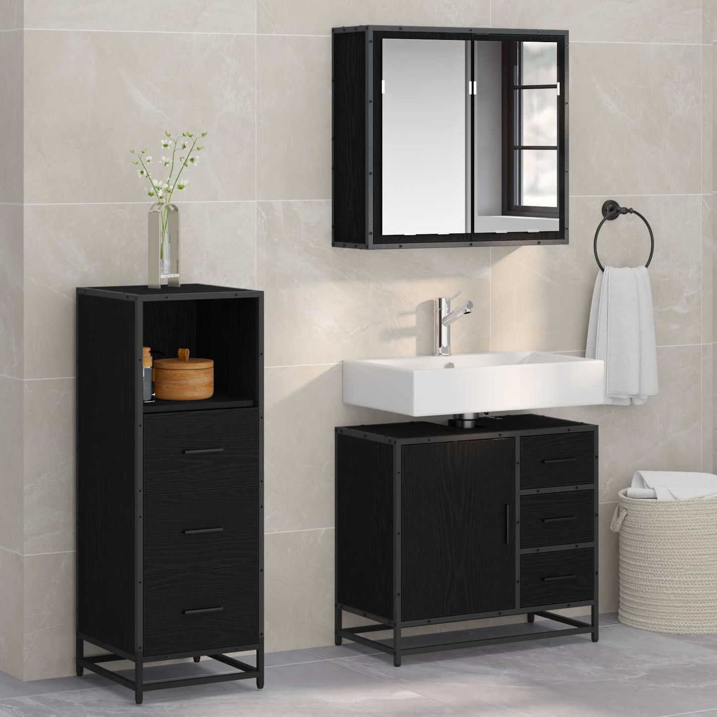 Bathroom Furniture Set 3 pcs Black Oak Engineered Wood